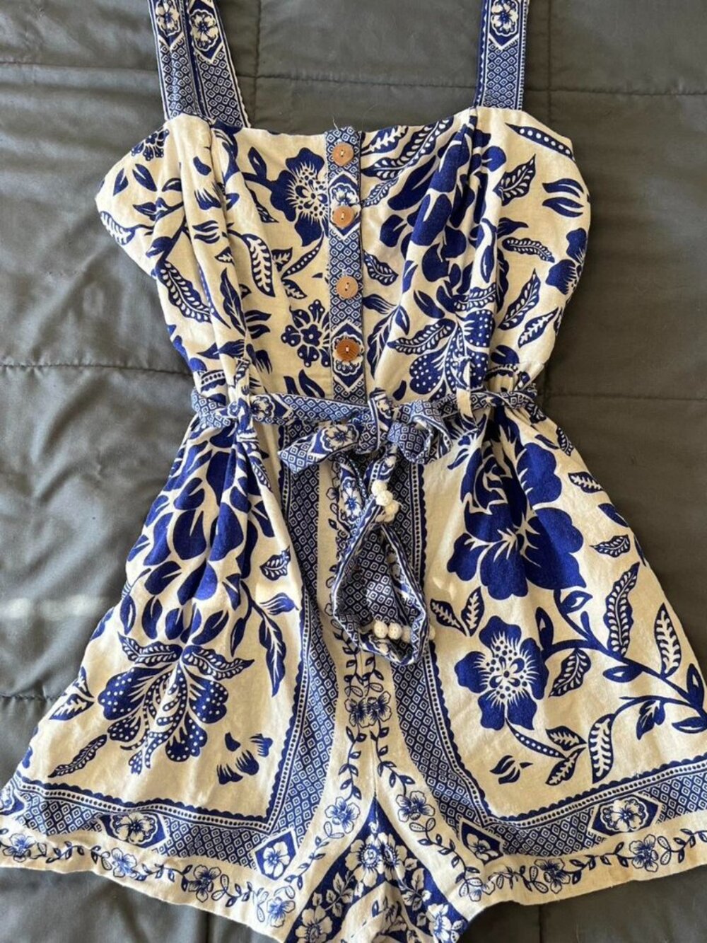 Rachel Zoe Floral Blue & White Linen Romper